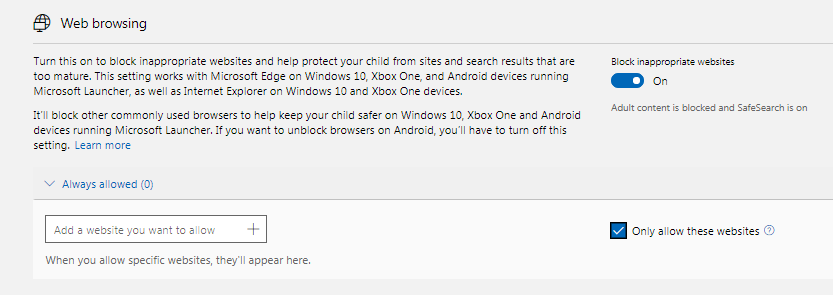 windows 10 parental control web browsing